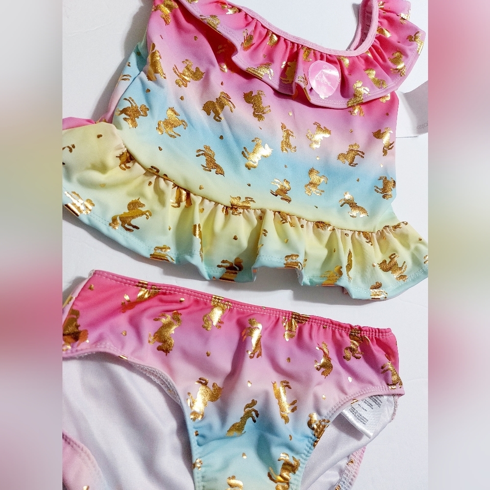 Girls Unicorn Ombre 2-Piece Swimsuit Ruffle Top Gold Foil Print Size 12 NWT - Picture 2 of 7
